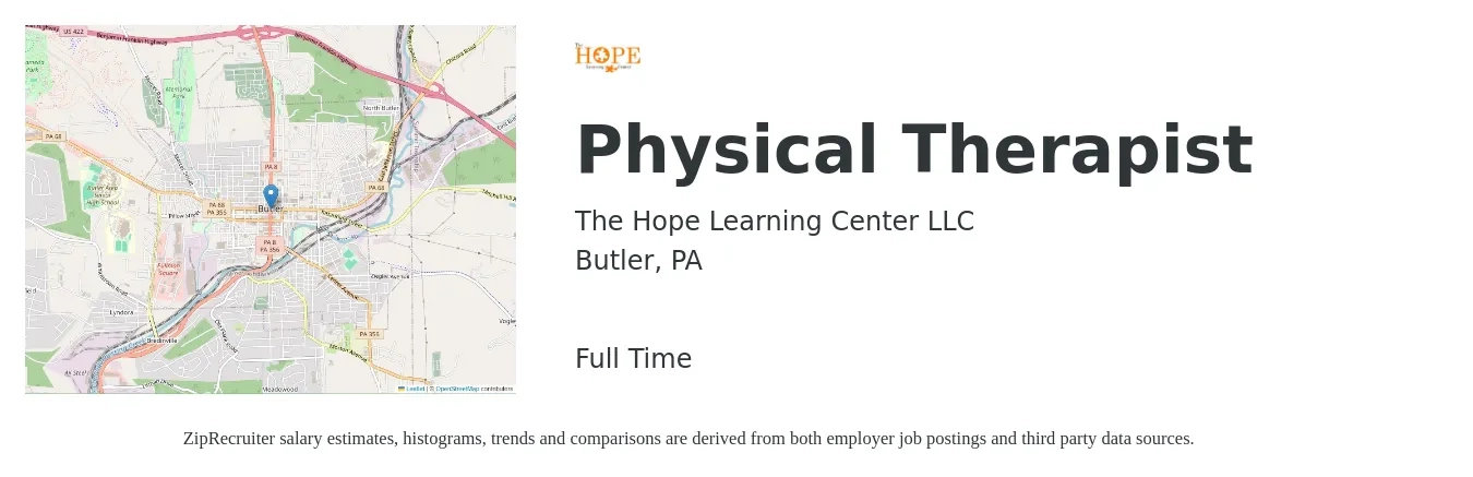 The Hope Learning Center LLC job posting for a Physical Therapist in Butler, PA with a salary of $1,500 to $1,940 Weekly with a map of Butler location.