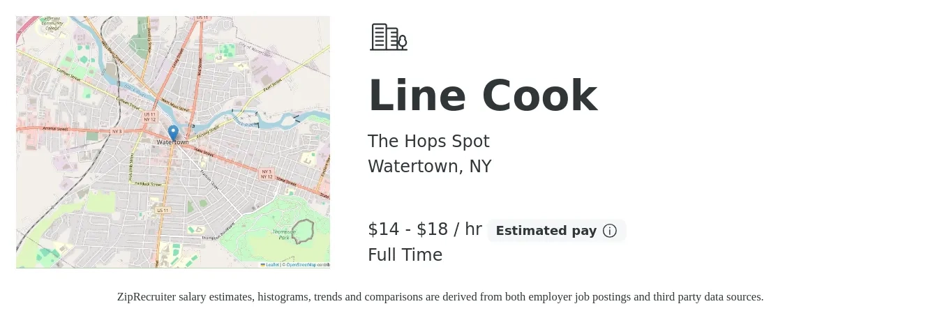 The Hops Spot job posting for a Line Cook in Watertown, NY with a salary of $15 to $19 Hourly with a map of Watertown location.