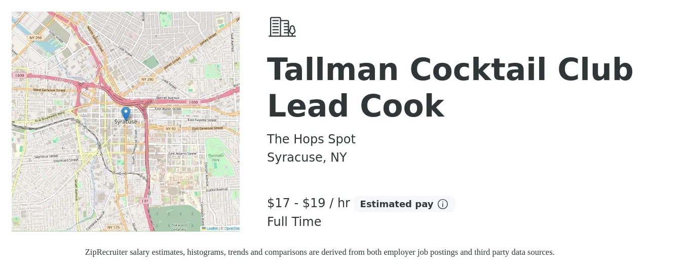The Hops Spot job posting for a Tallman Cocktail Club Lead Cook in Syracuse, NY with a salary of $18 to $20 Hourly with a map of Syracuse location.
