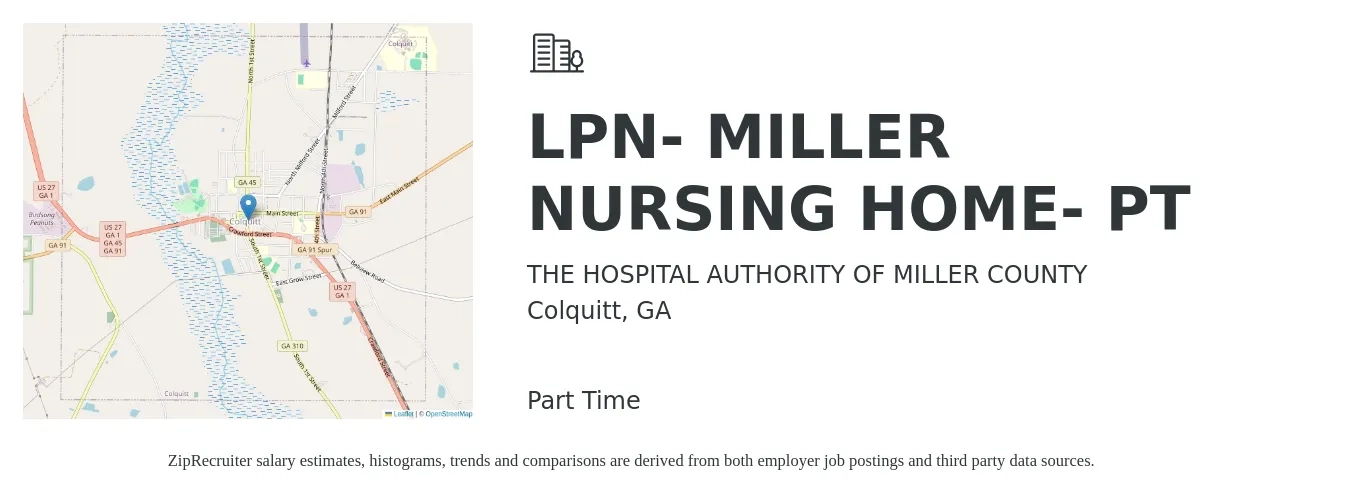 THE HOSPITAL AUTHORITY OF MILLER COUNTY job posting for a LPN- MILLER NURSING HOME- PT in Colquitt, GA with a salary of $24 to $32 Hourly with a map of Colquitt location.