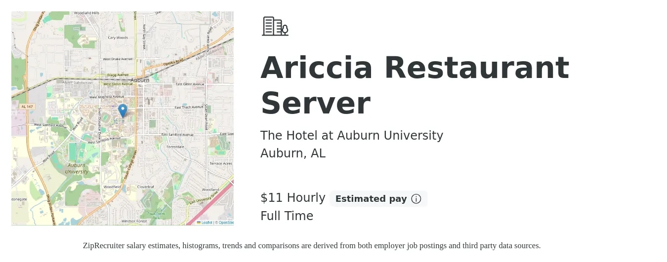 The Hotel at Auburn University job posting for a Ariccia Restaurant Server in Auburn, AL with a salary of $12 Hourly with a map of Auburn location.