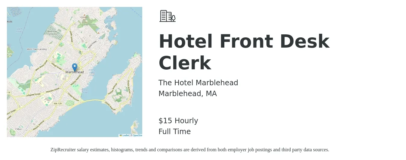 The Hotel Marblehead job posting for a Hotel Front Desk Clerk in Marblehead, MA with a salary of $16 Hourly with a map of Marblehead location.
