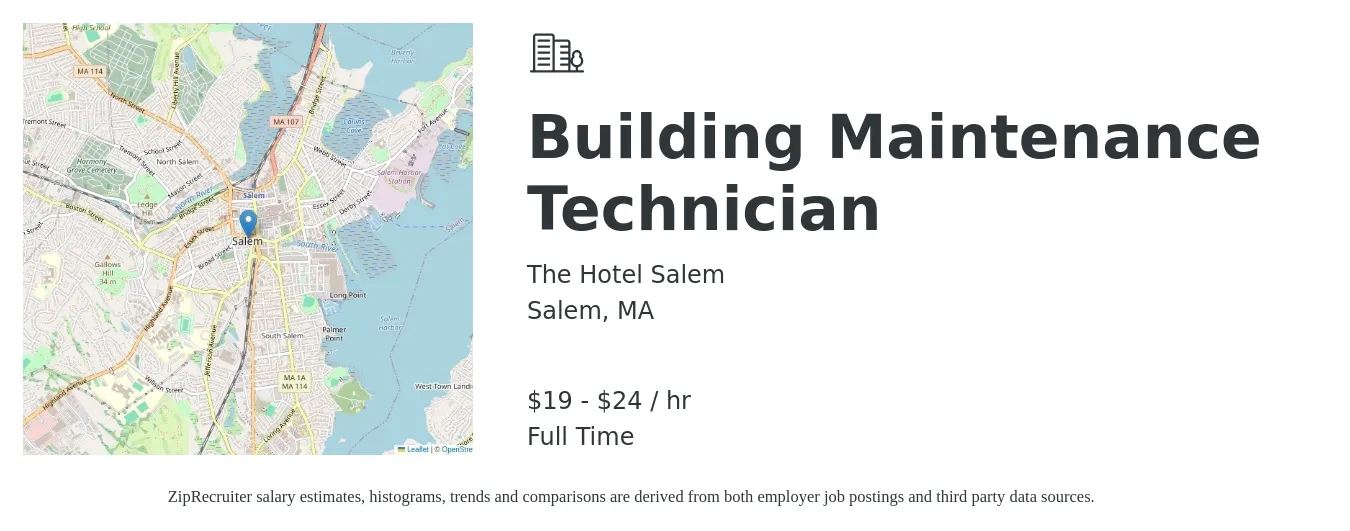 The Hotel Salem job posting for a Building Maintenance Technician in Salem, MA with a salary of $20 to $25 Hourly with a map of Salem location.