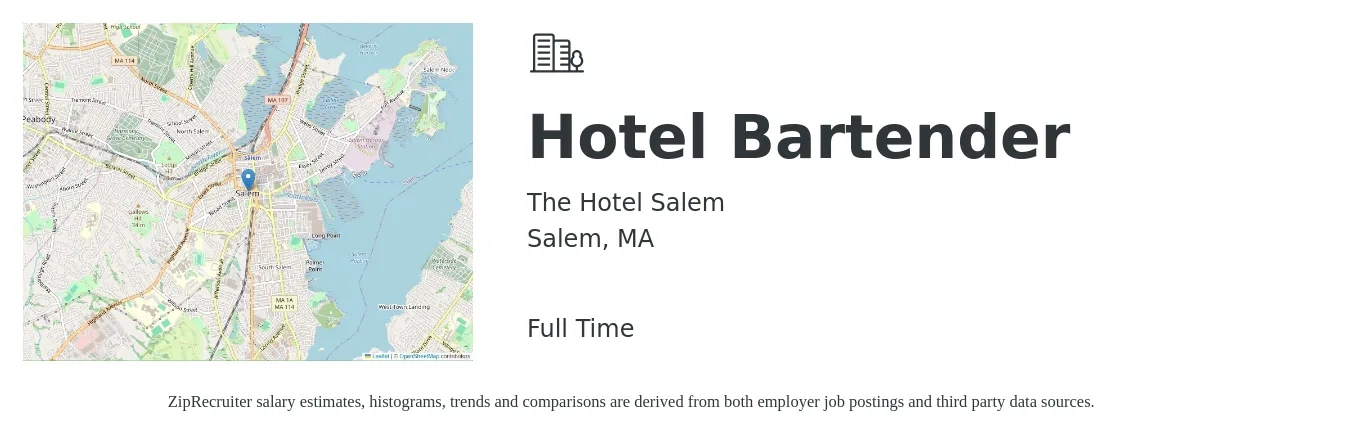 The Hotel Salem job posting for a Hotel Bartender in Salem, MA with a salary of $200 to $300 Weekly with a map of Salem location.