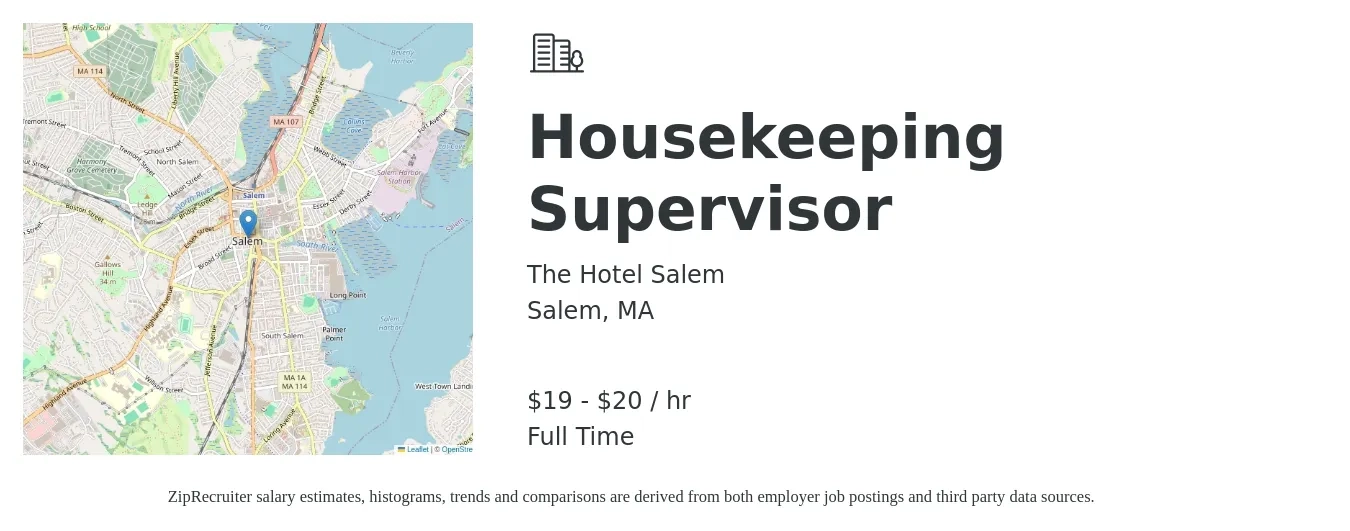 The Hotel Salem job posting for a Housekeeping Supervisor in Salem, MA with a salary of $20 to $21 Hourly with a map of Salem location.