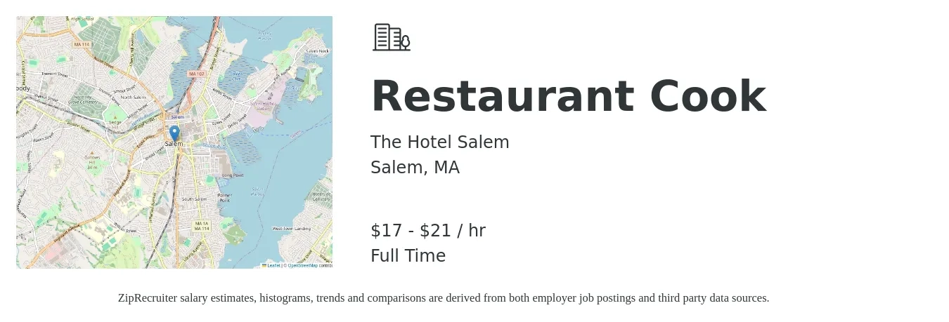 The Hotel Salem job posting for a Restaurant Cook in Salem, MA with a salary of $18 to $22 Hourly with a map of Salem location.
