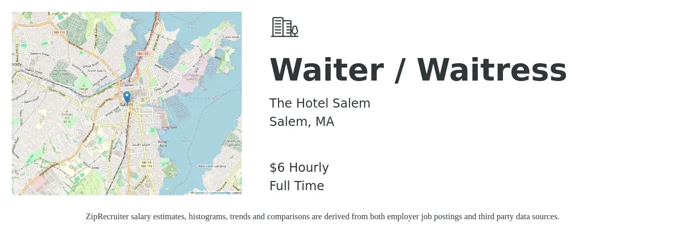 The Hotel Salem job posting for a Waiter / Waitress in Salem, MA with a salary of $7 Hourly with a map of Salem location.