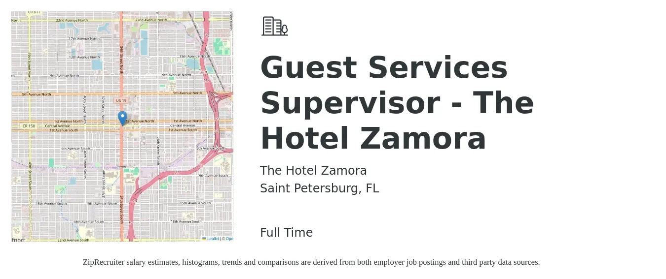 The Hotel Zamora job posting for a Guest Services Supervisor - The Hotel Zamora in Saint Petersburg, FL with a salary of $17 to $24 Hourly with a map of Saint Petersburg location.