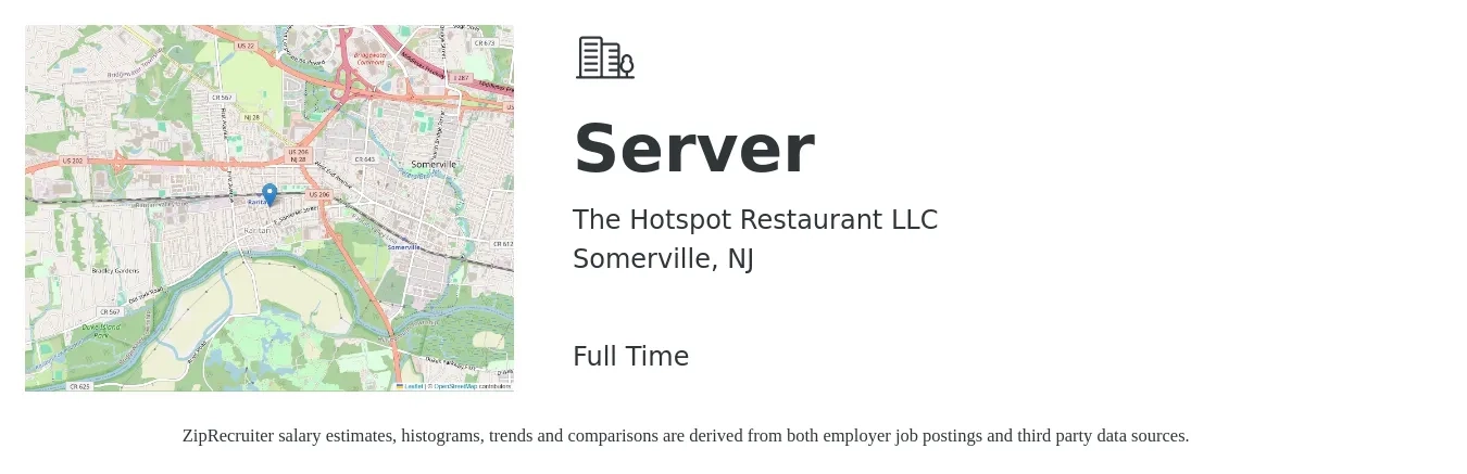 The Hotspot Restaurant LLC job posting for a Server in Somerville, NJ with a salary of $11 to $18 Hourly with a map of Somerville location.