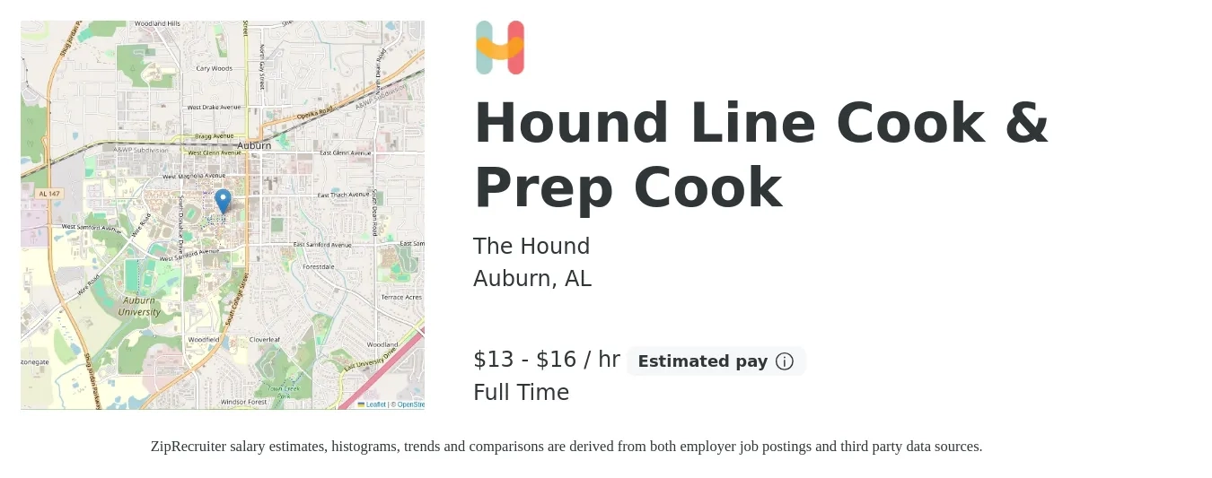 The Hound job posting for a Hound Line Cook & Prep Cook in Auburn, AL with a salary of $14 to $17 Hourly with a map of Auburn location.