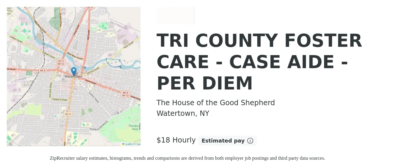 The House of the Good Shepherd job posting for a TRI COUNTY FOSTER CARE - CASE AIDE - PER DIEM in Watertown, NY with a salary of $19 Hourly with a map of Watertown location.