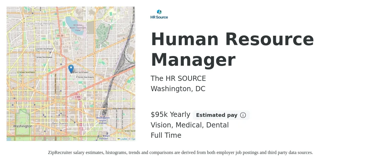 The HR SOURCE job posting for a Human Resource Manager in Washington, DC with a salary of $95,000 Yearly (plus commission) and benefits including vision, dental, medical, and pto with a map of Washington location.