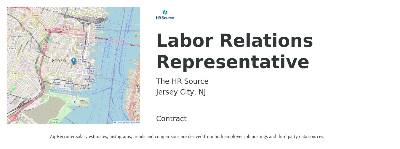 The HR Source job posting for a Labor Relations Representative in Jersey City, NJ with a salary of $89,200 to $131,900 Yearly with a map of Jersey City location.