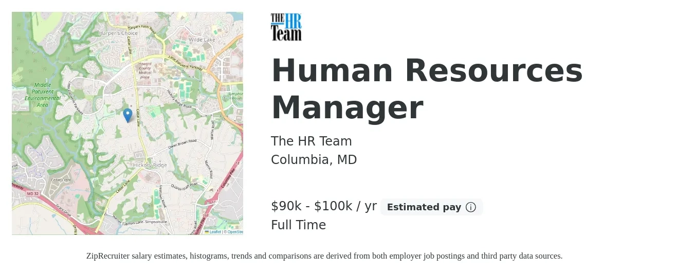 The HR Team job posting for a Human Resources Manager in Columbia, MD with a salary of $90,000 to $100,000 Yearly with a map of Columbia location.
