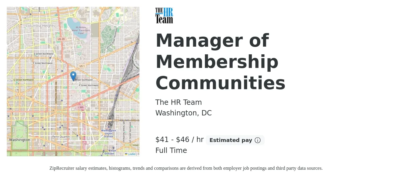 The HR Team job posting for a Manager of Membership Communities in Washington, DC with a salary of $90,000 to $100,000 Yearly with a map of Washington location.