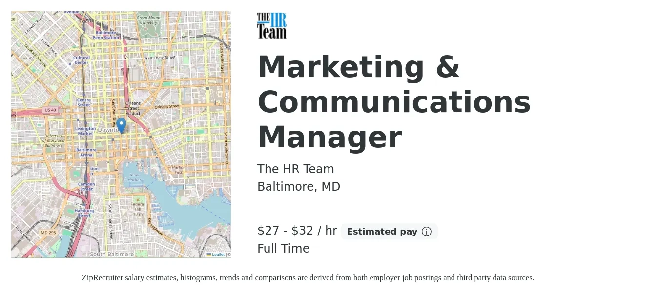 The HR Team job posting for a Marketing & Communications Manager in Baltimore, MD with a salary of $29 to $34 Hourly with a map of Baltimore location.