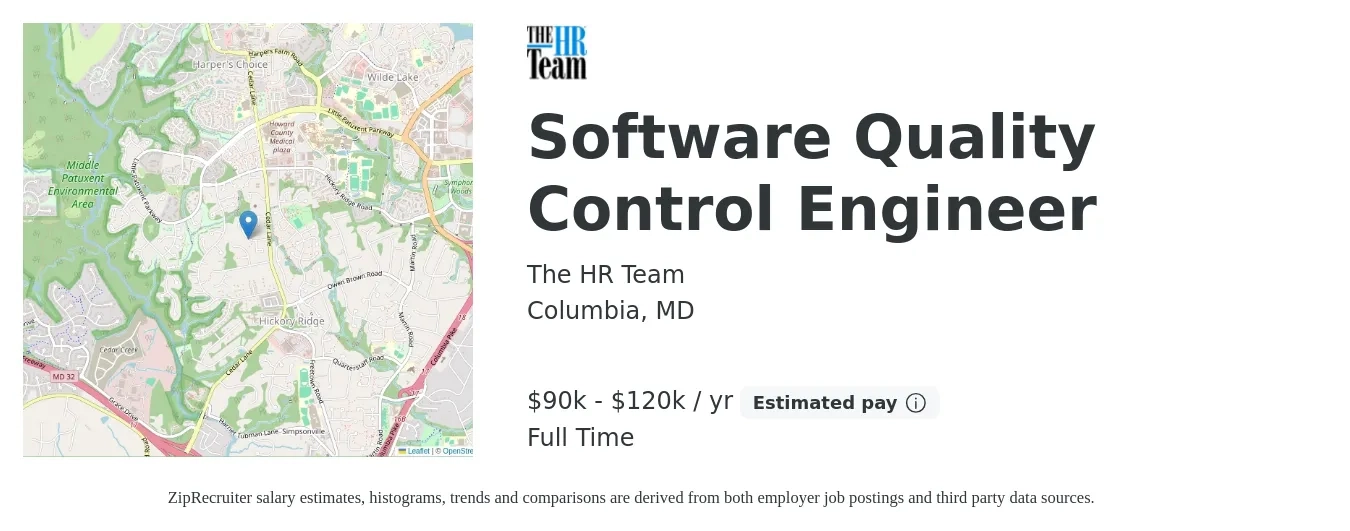 The HR Team job posting for a Software Quality Control Engineer in Columbia, MD with a salary of $90,000 to $120,000 Yearly with a map of Columbia location.