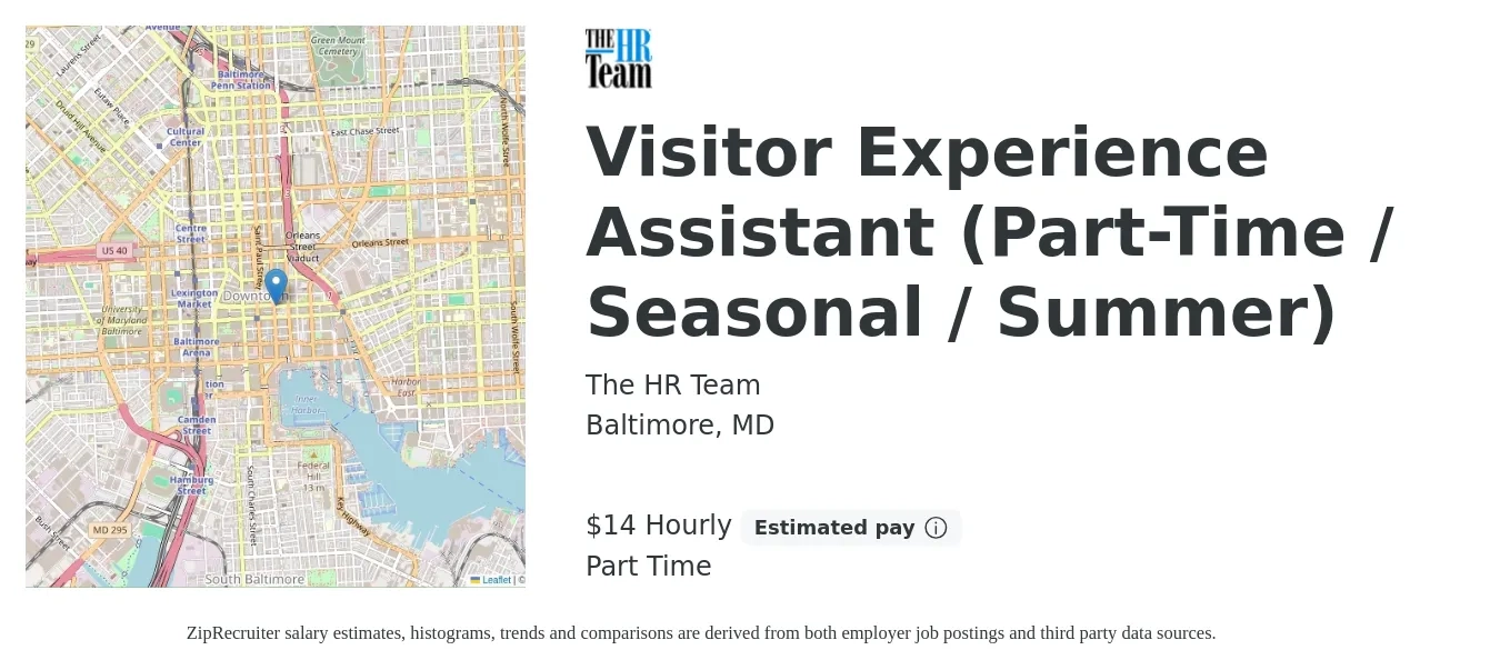 The HR Team job posting for a Visitor Experience Assistant (Part-Time / Seasonal / Summer) in Baltimore, MD with a salary of $16 Hourly with a map of Baltimore location.