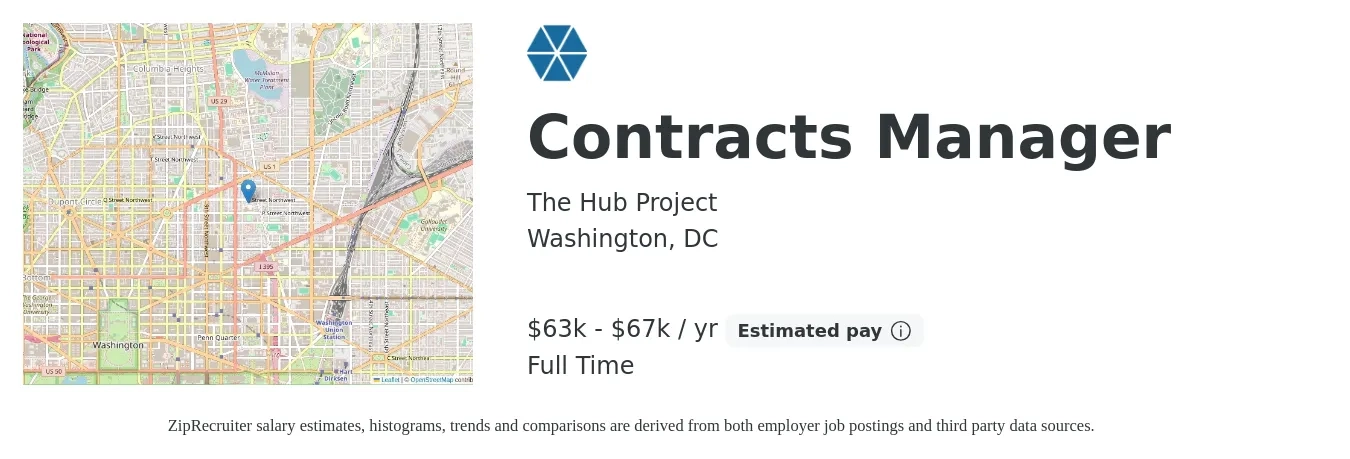 The Hub Project job posting for a Contracts Manager in Washington, DC with a salary of $63,500 to $67,000 Yearly with a map of Washington location.