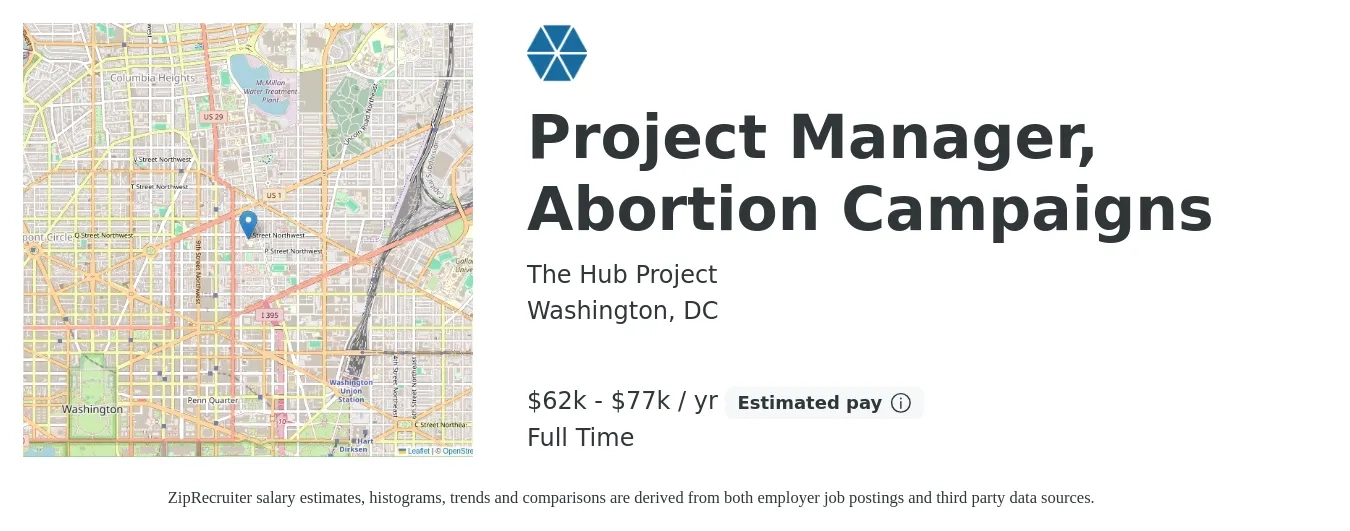 The Hub Project job posting for a Project Manager, Abortion Campaigns in Washington, DC with a salary of $62,000 to $77,000 Yearly with a map of Washington location.