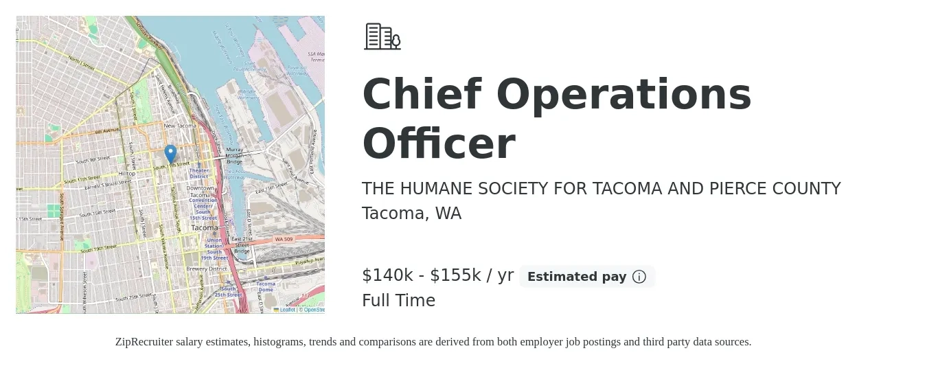 THE HUMANE SOCIETY FOR TACOMA AND PIERCE COUNTY job posting for a Chief Operations Officer in Tacoma, WA with a salary of $140,000 to $155,000 Yearly with a map of Tacoma location.