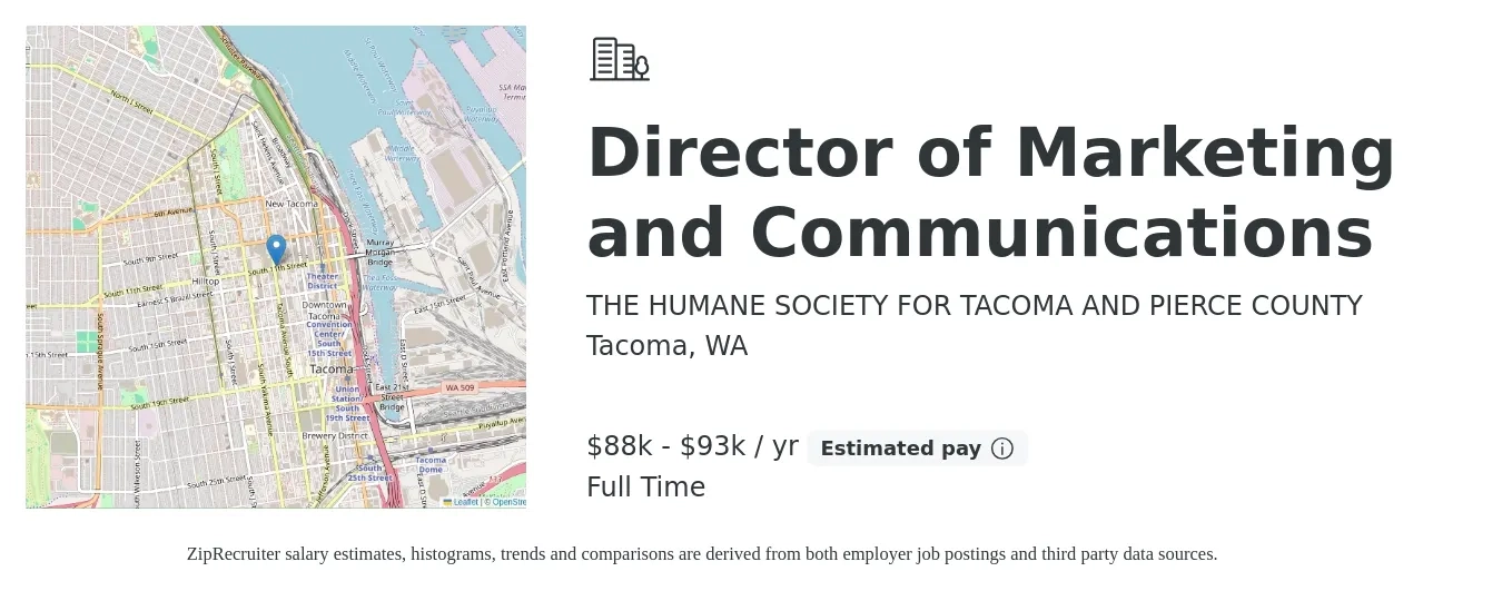 THE HUMANE SOCIETY FOR TACOMA AND PIERCE COUNTY job posting for a Director of Marketing and Communications in Tacoma, WA with a salary of $88,623 to $93,836 Yearly with a map of Tacoma location.