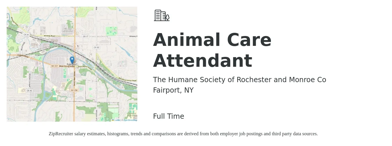 The Humane Society of Rochester and Monroe Co job posting for a Animal Care Attendant in Fairport, NY with a salary of $13 to $18 Hourly with a map of Fairport location.