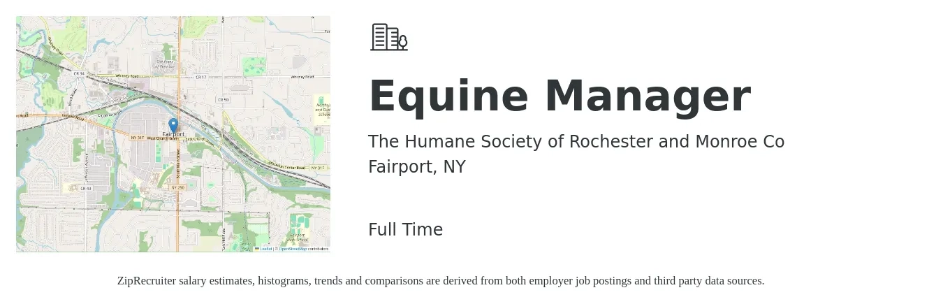 The Humane Society of Rochester and Monroe Co job posting for a Equine Manager in Fairport, NY with a salary of $38,400 to $65,000 Yearly with a map of Fairport location.