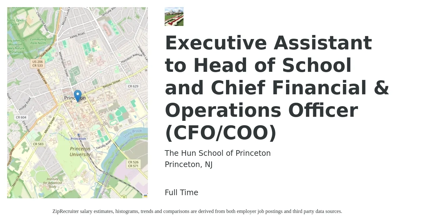 The Hun School of Princeton job posting for a Executive Assistant to Head of School and Chief Financial & Operations Officer (CFO/COO) in Princeton, NJ with a salary of $107,300 to $193,000 Yearly with a map of Princeton location.