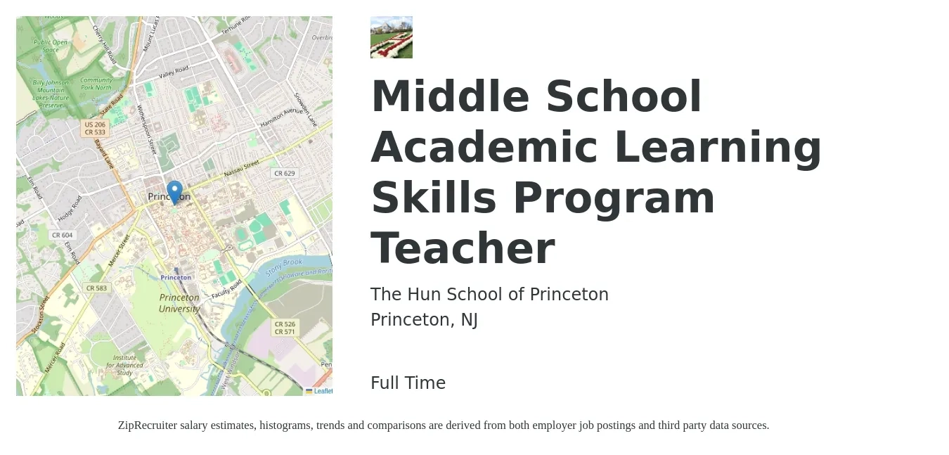 The Hun School of Princeton job posting for a Middle School Academic Learning Skills Program Teacher in Princeton, NJ with a salary of $50,800 to $66,600 Yearly with a map of Princeton location.