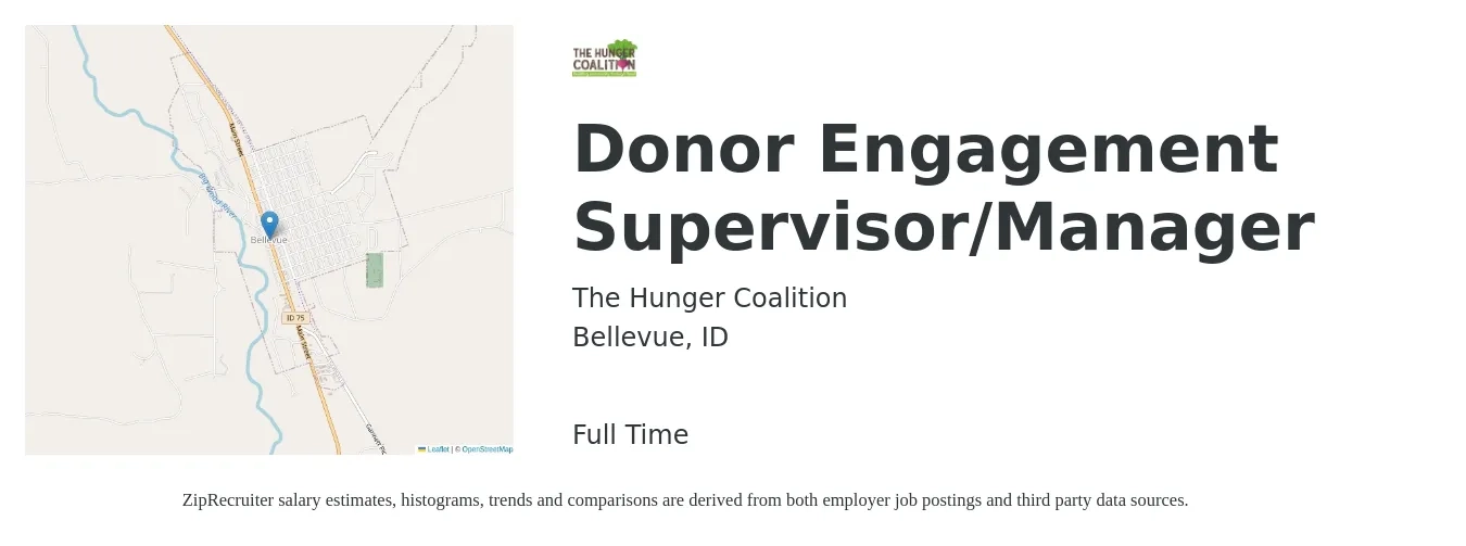The Hunger Coalition job posting for a Donor Engagement Supervisor/Manager in Bellevue, ID with a salary of $62,500 to $87,500 Yearly with a map of Bellevue location.