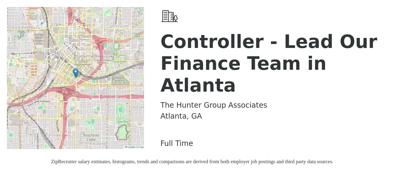 The Hunter Group Associates job posting for a Controller - Lead Our Finance Team in Atlanta in Atlanta, GA with a salary of $95,200 to $135,900 Yearly with a map of Atlanta location.
