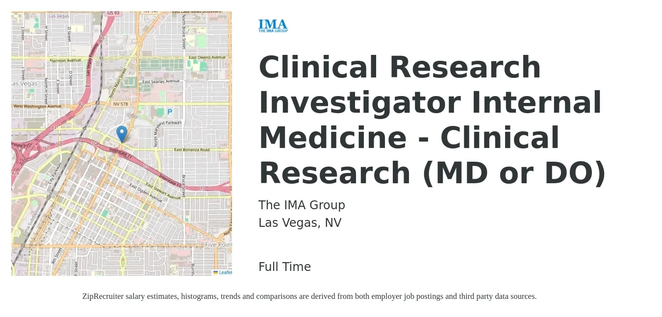 The IMA Group job posting for a Clinical Research Investigator Internal Medicine - Clinical Research (MD or DO) in Las Vegas, NV with a salary of $59 to $75 Hourly with a map of Las Vegas location.