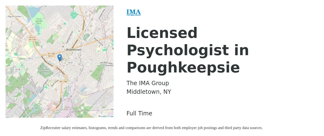 The IMA Group job posting for a Licensed Psychologist in Poughkeepsie in Middletown, NY with a salary of $110,000 to $130,000 Yearly with a map of Middletown location.