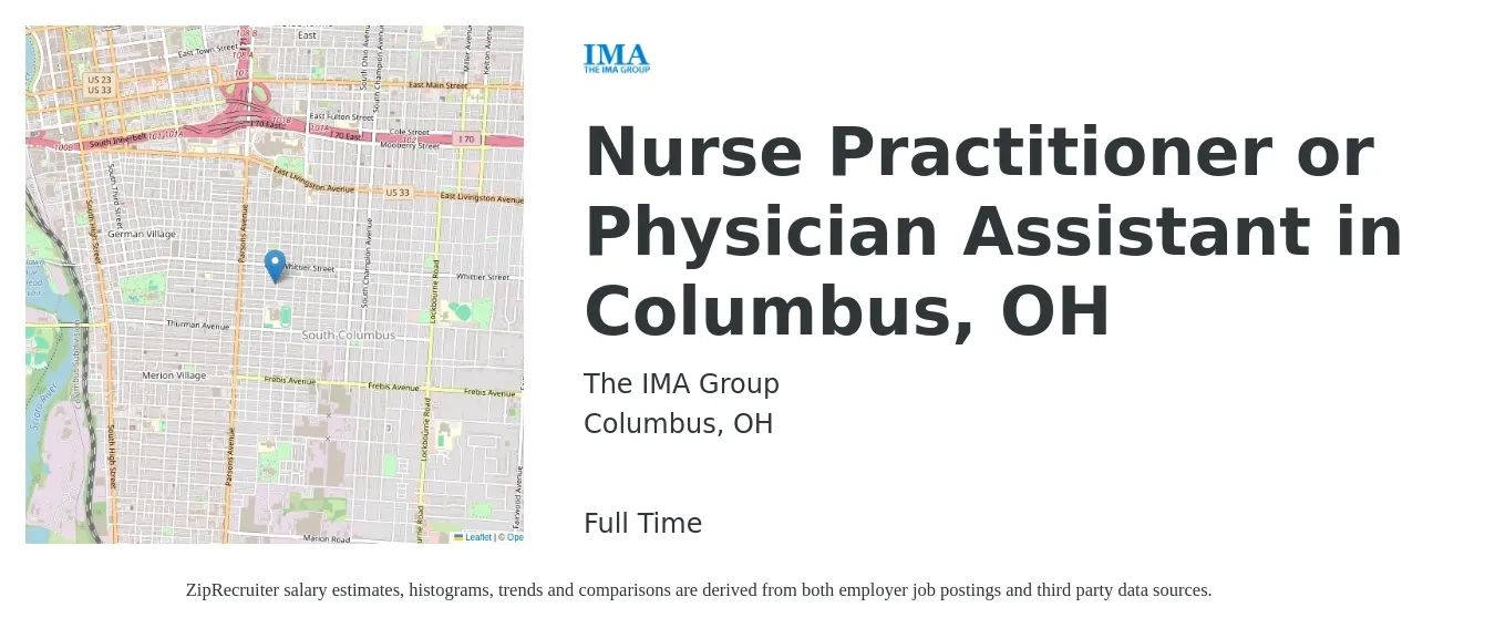 The IMA Group job posting for a Nurse Practitioner or Physician Assistant in Columbus, OH in Columbus, OH with a salary of $105,300 to $136,200 Yearly with a map of Columbus location.