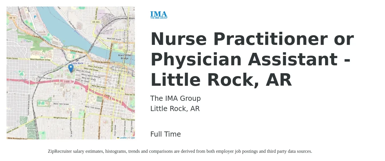 The IMA Group job posting for a Nurse Practitioner or Physician Assistant - Little Rock, AR in Little Rock, AR with a salary of $97,900 to $126,700 Yearly with a map of Little Rock location.