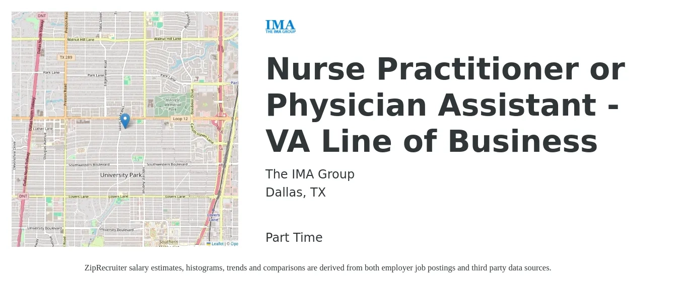 The IMA Group job posting for a Nurse Practitioner or Physician Assistant - VA Line of Business in Dallas, TX with a salary of $97,400 to $125,900 Yearly with a map of Dallas location.