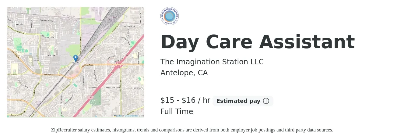 The Imagination Station LLC job posting for a Day Care Assistant in Antelope, CA with a salary of $16 to $18 Hourly with a map of Antelope location.