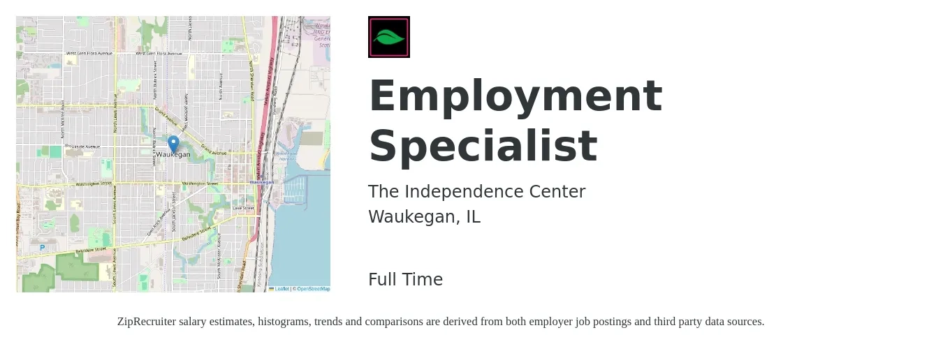 The Independence Center job posting for a Employment Specialist in Waukegan, IL with a salary of $39,900 to $75,500 Yearly with a map of Waukegan location.