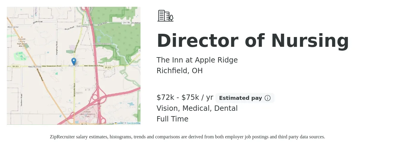 The Inn at Apple Ridge job posting for a Director of Nursing in Richfield, OH with a salary of $72,000 to $75,000 Yearly and benefits including pto, vision, dental, life_insurance, and medical with a map of Richfield location.