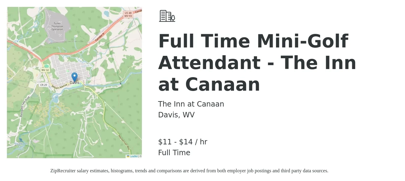 The Inn at Canaan job posting for a Full Time Mini-Golf Attendant - The Inn at Canaan in Davis, WV with a salary of $12 to $15 Hourly with a map of Davis location.
