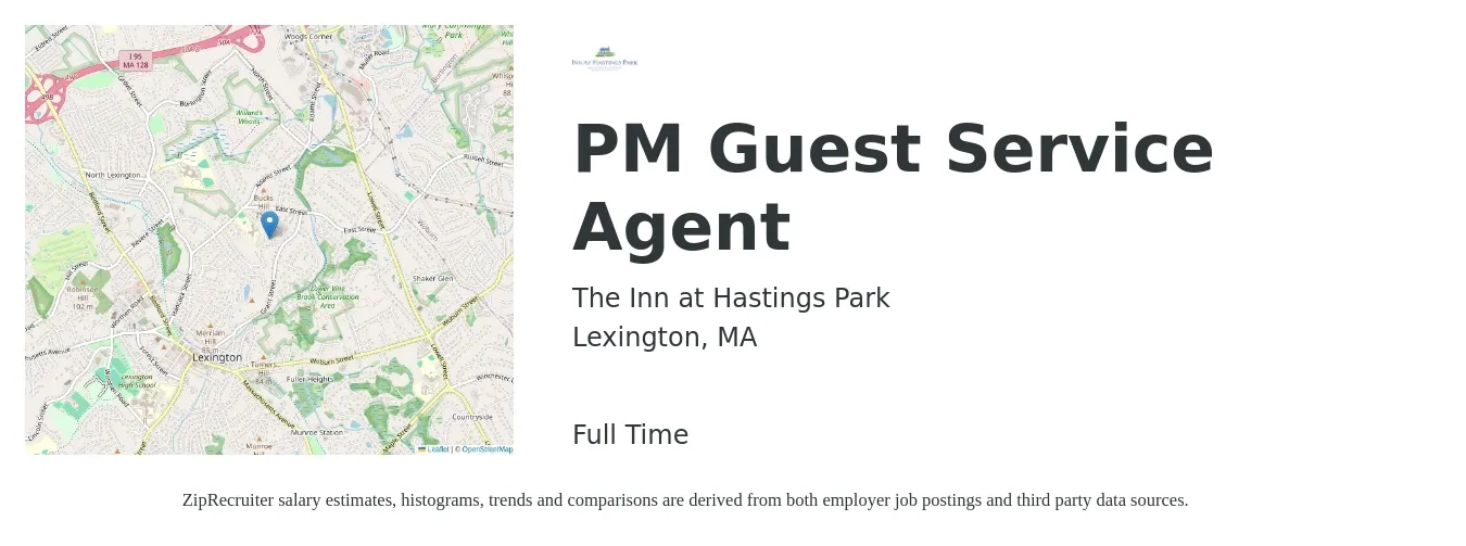 The Inn at Hastings Park job posting for a PM Guest Service Agent in Lexington, MA with a salary of $17 to $21 Hourly with a map of Lexington location.