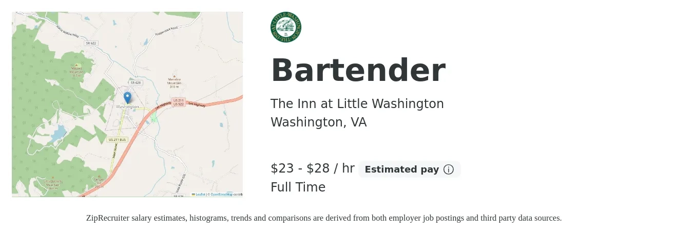 The Inn at Little Washington job posting for a Bartender in Washington, VA with a salary of $24 to $30 Hourly with a map of Washington location.