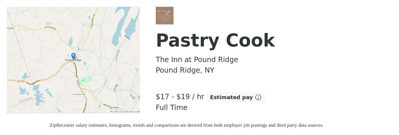 The Inn at Pound Ridge job posting for a Pastry Cook in Pound Ridge, NY with a salary of $18 to $20 Hourly with a map of Pound Ridge location.