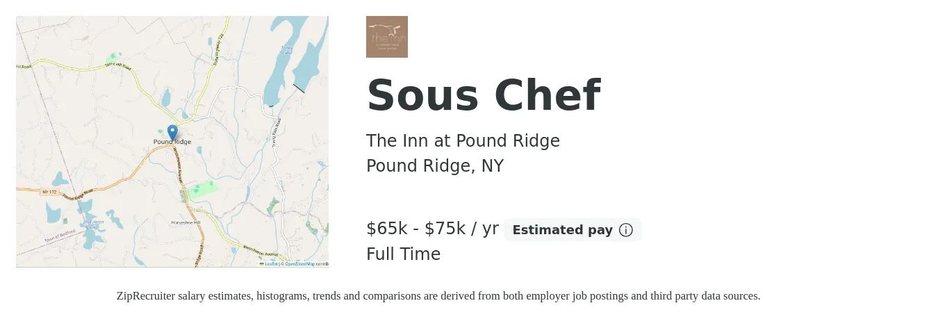 The Inn at Pound Ridge job posting for a Sous Chef in Pound Ridge, NY with a salary of $65,000 to $75,000 Yearly with a map of Pound Ridge location.