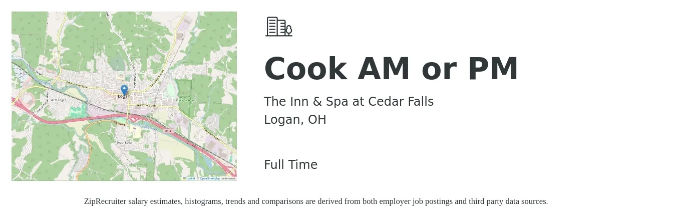 The Inn & Spa at Cedar Falls job posting for a Cook AM or PM in Logan, OH with a salary of $12 to $16 Hourly with a map of Logan location.