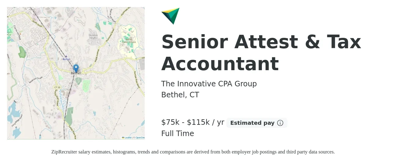 The Innovative CPA Group job posting for a Senior Attest & Tax Accountant in Bethel, CT with a salary of $75,000 to $115,000 Yearly with a map of Bethel location.