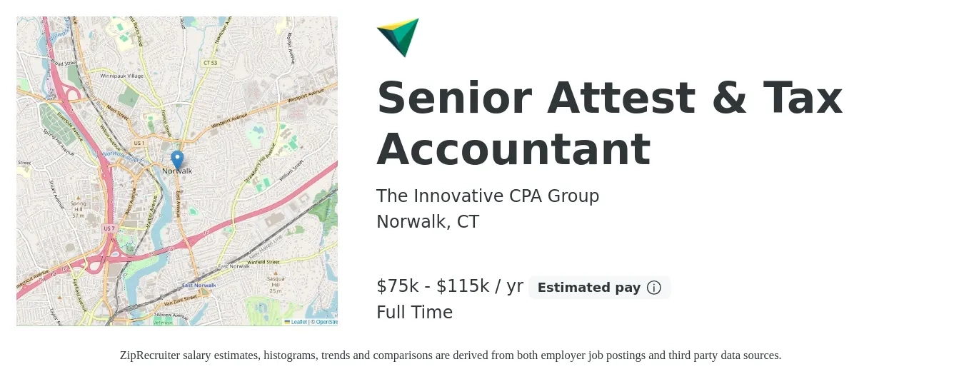 The Innovative CPA Group job posting for a Senior Attest & Tax Accountant in Norwalk, CT with a salary of $75,000 to $115,000 Yearly with a map of Norwalk location.