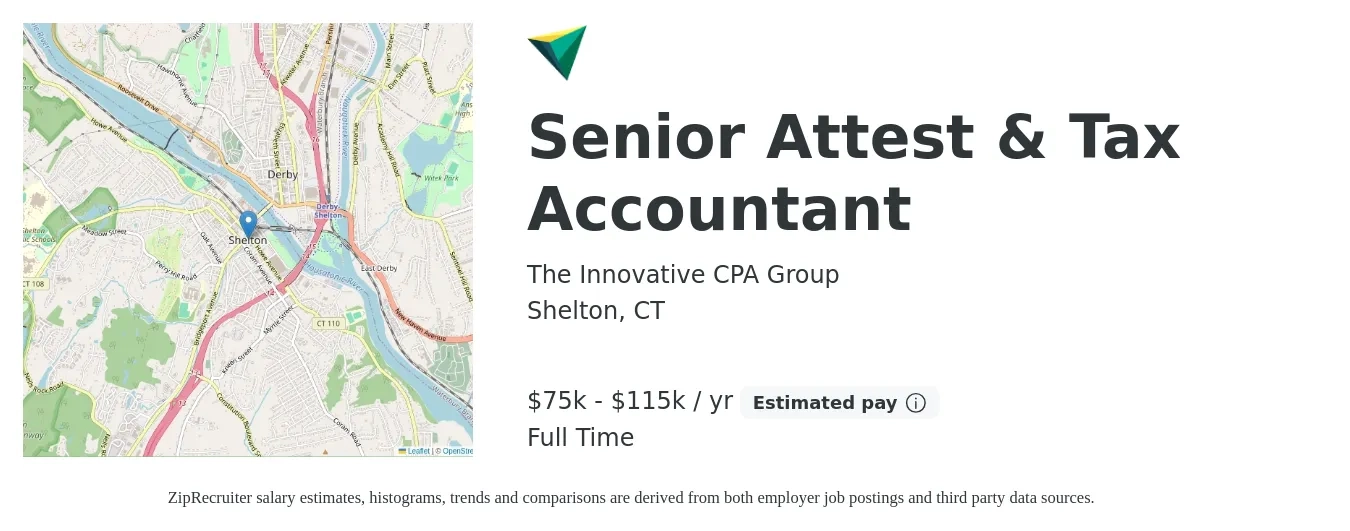 The Innovative CPA Group job posting for a Senior Attest & Tax Accountant in Shelton, CT with a salary of $75,000 to $115,000 Yearly with a map of Shelton location.