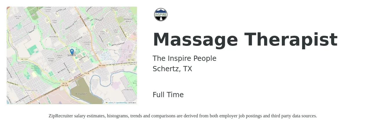 The Inspire People job posting for a Massage Therapist in Schertz, TX with a salary of $37 to $69 Hourly with a map of Schertz location.
